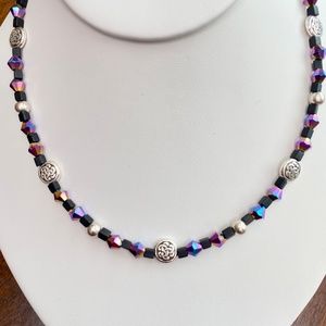 Antique Silver Celtic Knot Coins Matte Black Glass & Crystal Metallic Necklace